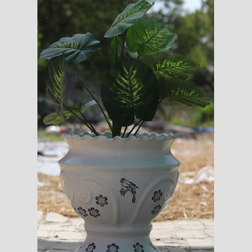 Flowers & Bird printed Textured designer White ceramic pot for home & Office