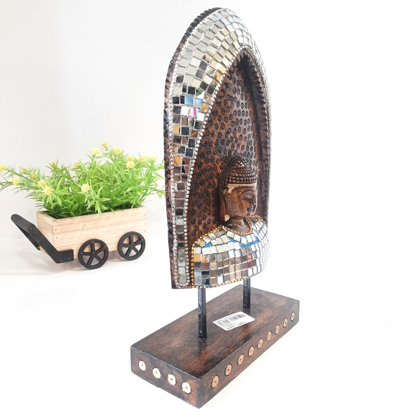 Wooden Gautam Buddha Carved in Rock W/Base & Glass