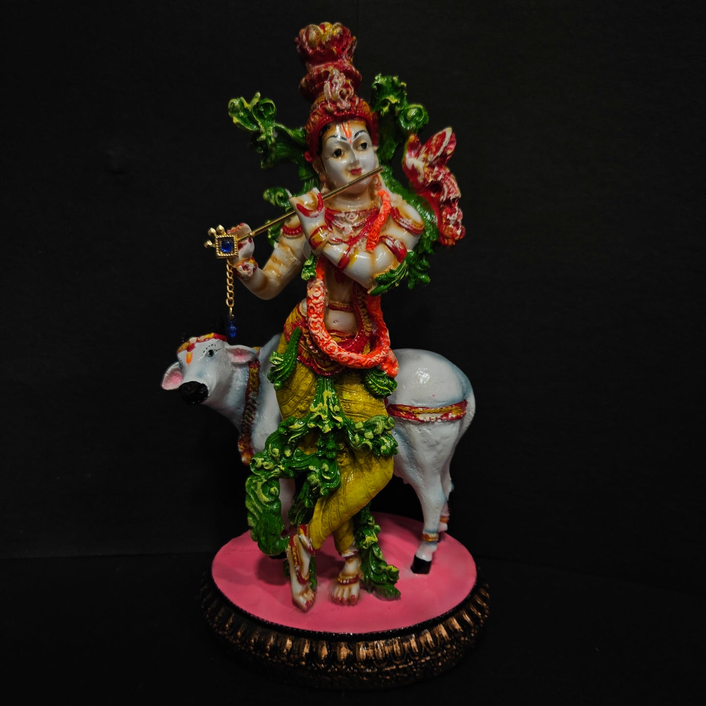 Lord Krishna murti with cow playing flute in standing posture statue Idol for Home pooja