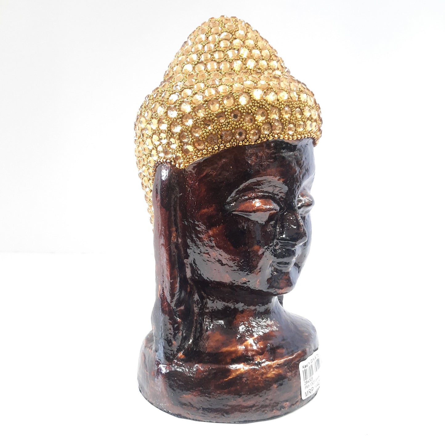 Paper Mache Gautam Buddha Head Wood Gold Chitton Work Wood Golden Brown Texture