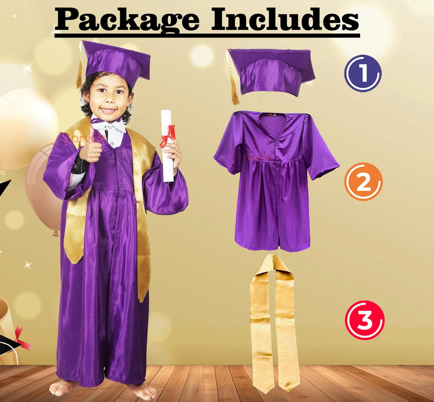 Graduation Purple Convocation Gown with Degree Cap & Golden Sashe For kids