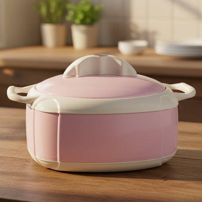 Pink and white container with handles on a light gray background