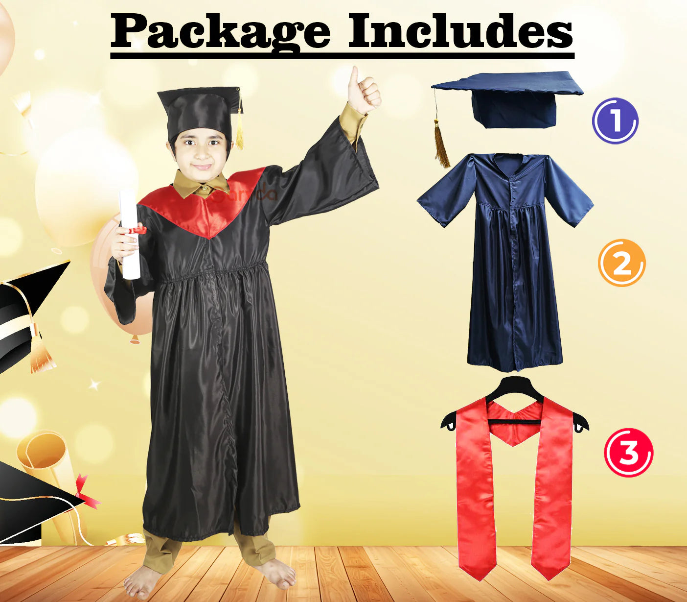 Convocation Black Gown with Degree Cap & Red Sashe Fancy Dress