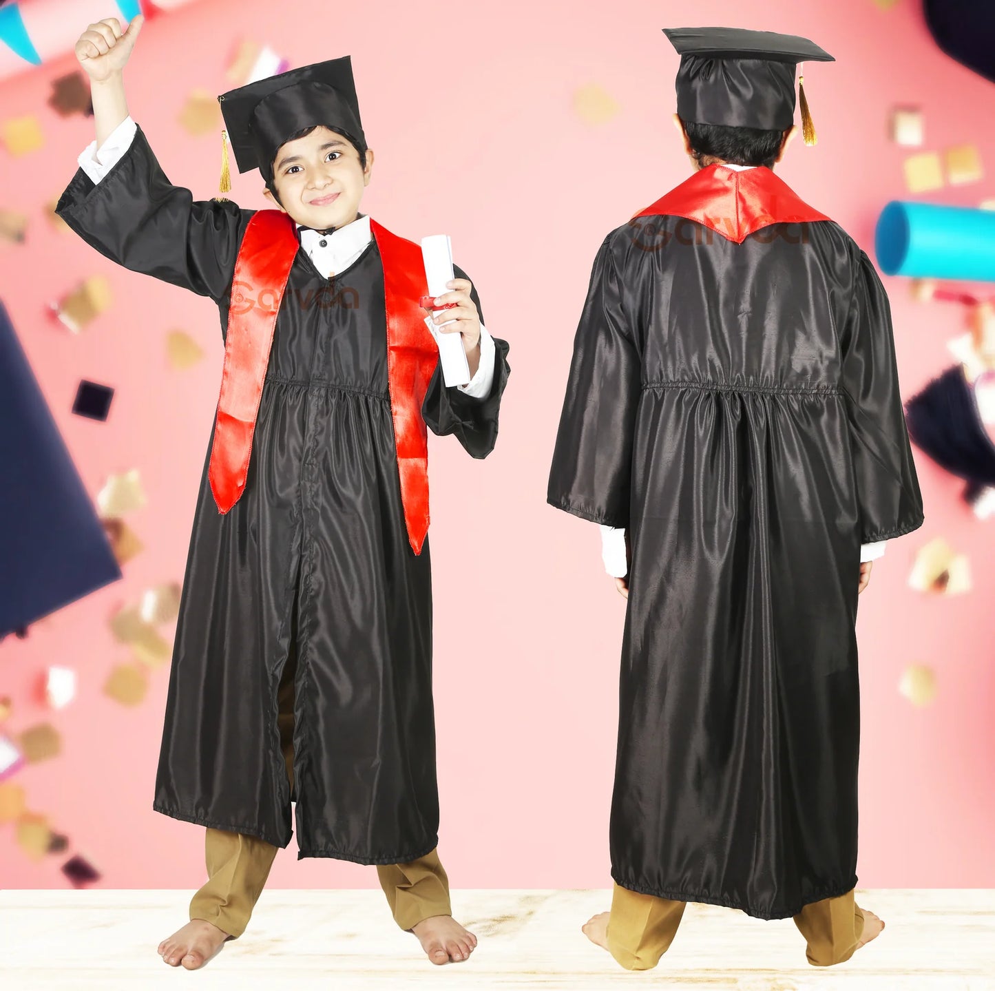 Convocation Black Gown with Degree Cap & Red Sashe Fancy Dress
