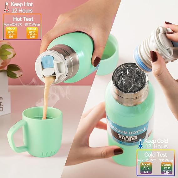 Vacuum Insulated Flask with Cup for Hot and Cold Drinks Reusable Thermal Flasks Insulated Leakproof for Travel Camping Hiking Women Gifts