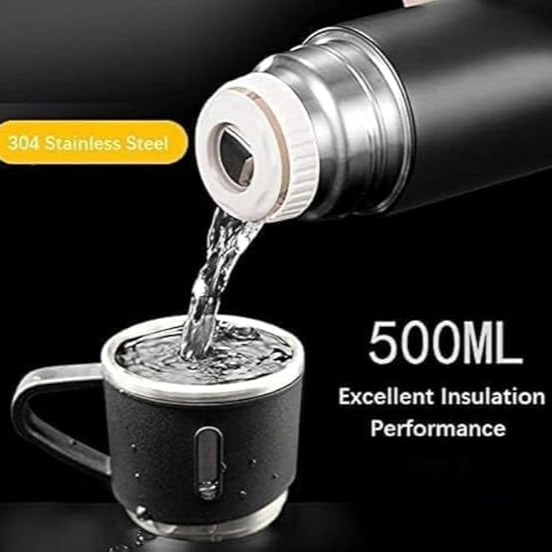 Double Wall Stainless Steel Thermo 500ml Vacuum Insulated Bottle Water Flask Gift Set with Two Cups Hot & Cold