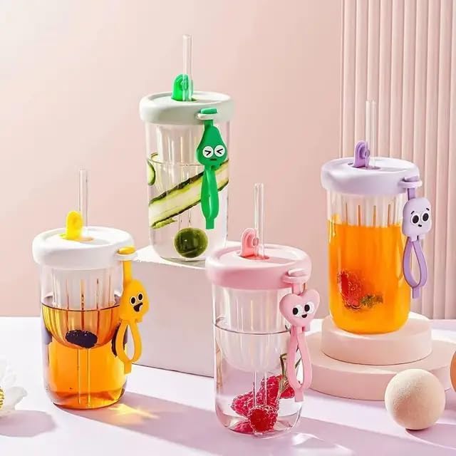 Glass Tumbler with Fruit Infuser Lid and Straw 500ML Cartoon Printed Tumbler for Juice, Smoothies, Home & Travel