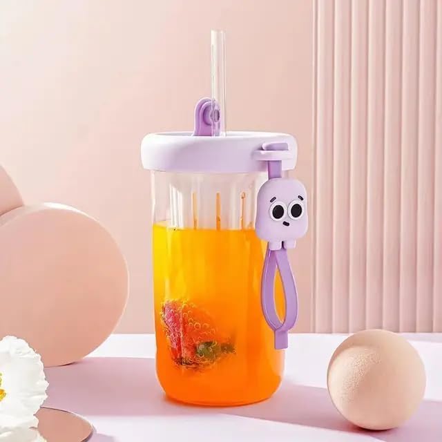 Glass Tumbler with Fruit Infuser Lid and Straw 500ML Cartoon Printed Tumbler for Juice, Smoothies, Home & Travel