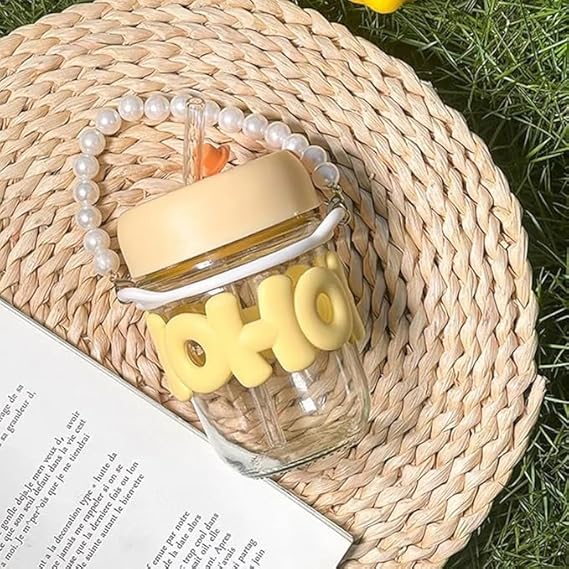 Reusable Glass Coffee Mugs with Lid 350ml | Drinking Glasses Tumbler with Pearl Chain Belt & Sleeve Double Drink Straw Sipper for Juice Smoothies Cocktail Home & Travel