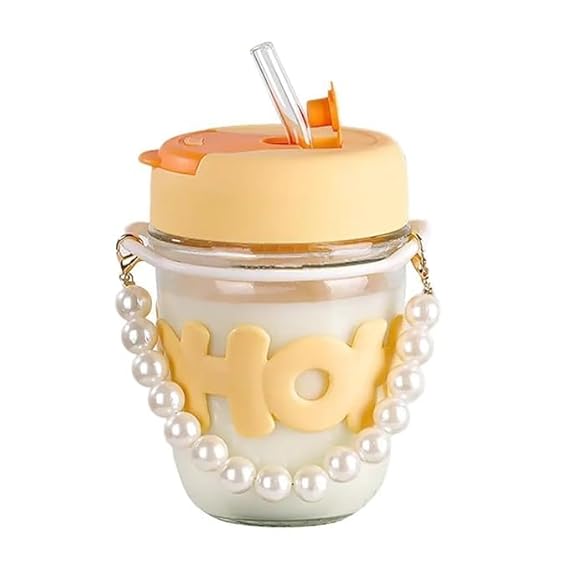 Reusable Glass Coffee Mugs with Lid 350ml | Drinking Glasses Tumbler with Pearl Chain Belt & Sleeve Double Drink Straw Sipper for Juice Smoothies Cocktail Home & Travel