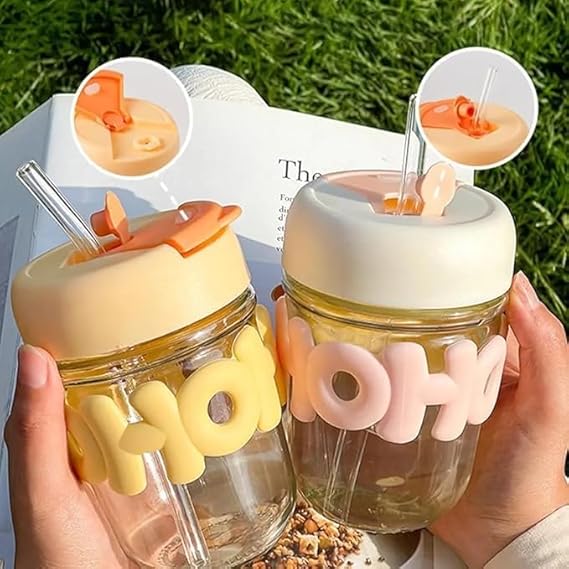 Reusable Glass Coffee Mugs with Lid 350ml | Drinking Glasses Tumbler with Pearl Chain Belt & Sleeve Double Drink Straw Sipper for Juice Smoothies Cocktail Home & Travel