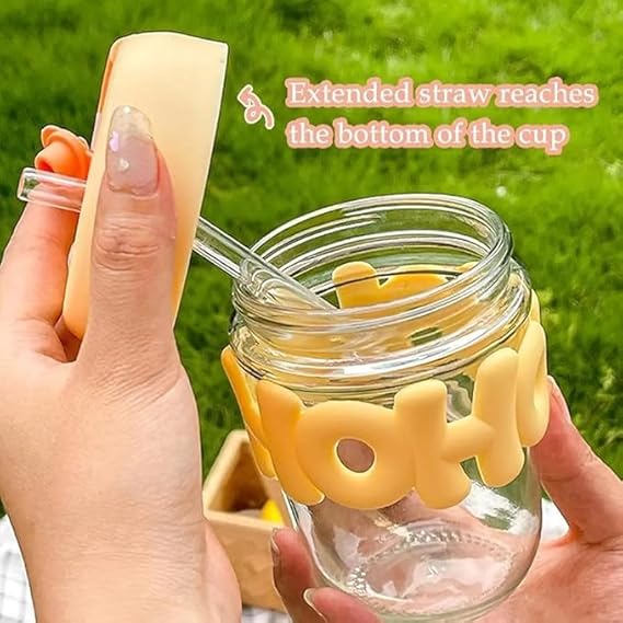 Reusable Glass Coffee Mugs with Lid 350ml | Drinking Glasses Tumbler with Pearl Chain Belt & Sleeve Double Drink Straw Sipper for Juice Smoothies Cocktail Home & Travel