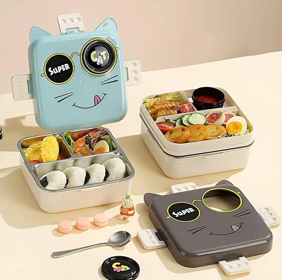 Lunch Box for Kids 2-Layer Stainless Steel Tiffin with Tray, Small Container & Spoon | BPA-Free |Leak-Proof Lunchbox for School & Travel