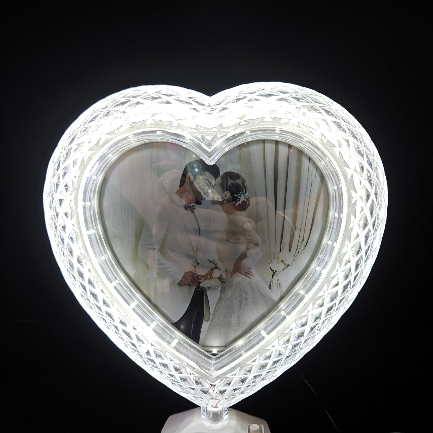 White Heart Shaped Crystal designed Photo Frame with Button Operated for gifting purpose/couple gifting
