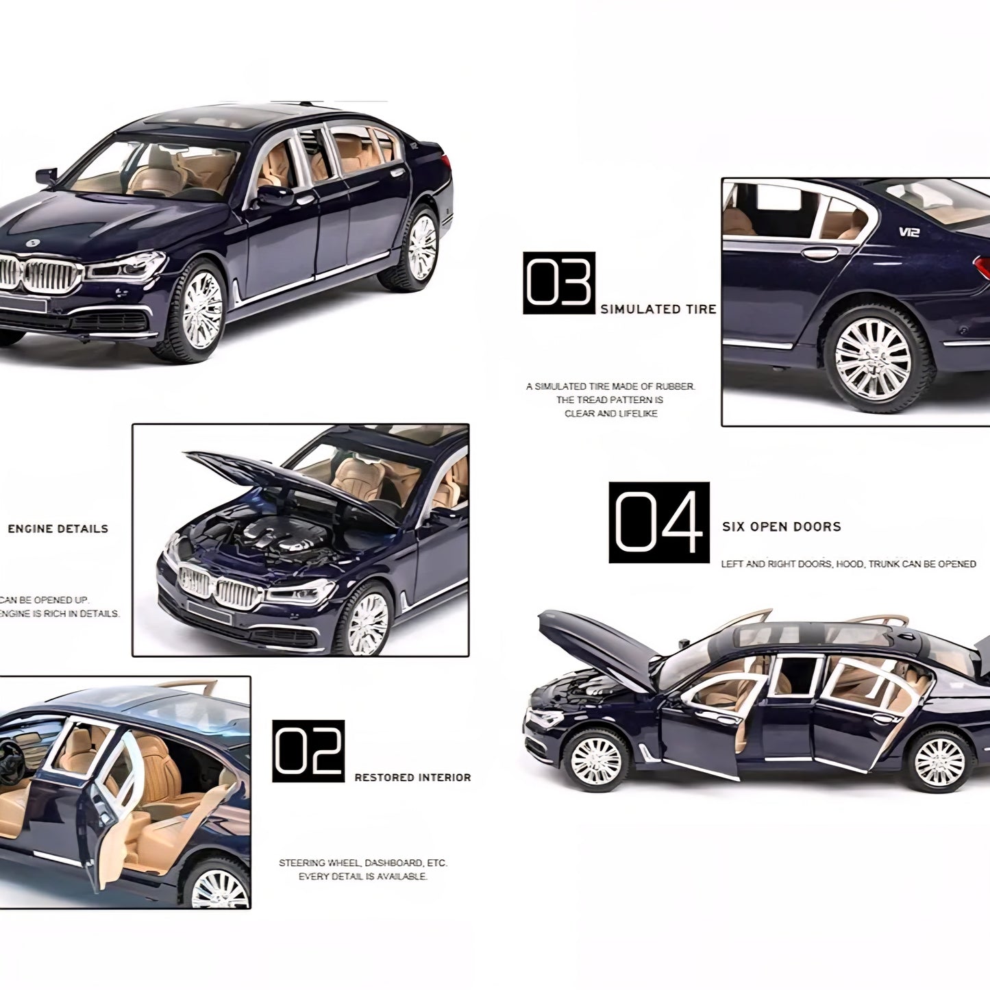 Die-Cast BMW Pull Back Sedan with 6 Openable Doors Lights & Music
