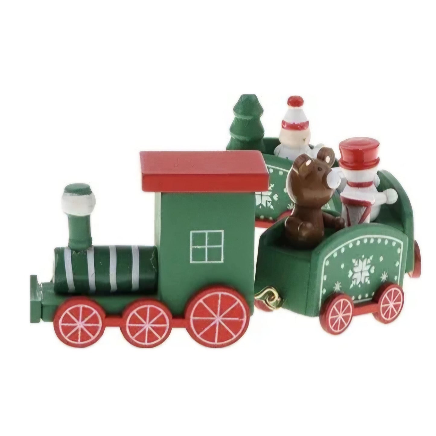 Wooden Christmas Train Set with Snowmen, Holiday Decorative Train, Green and Red, 4 Carriages