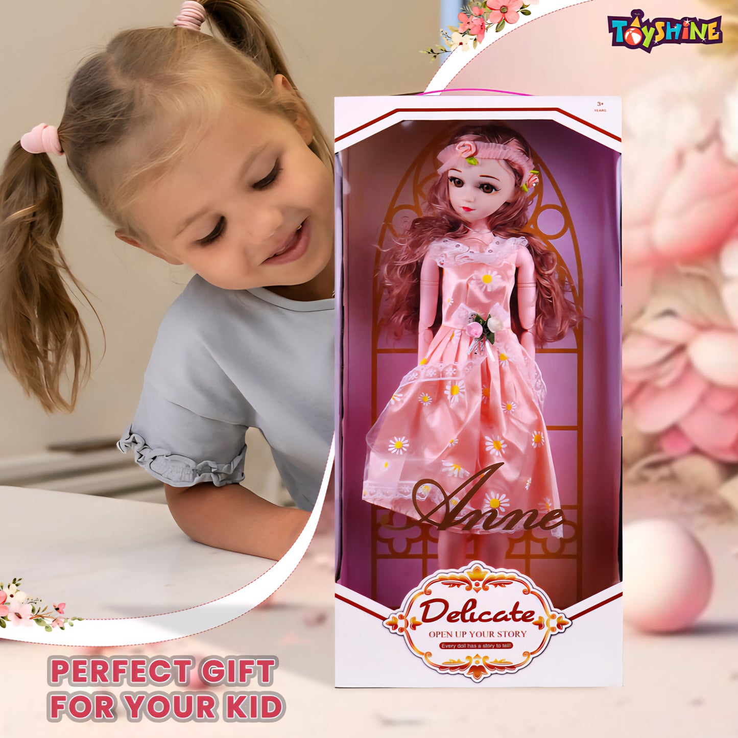 Stunning Look Anne Fashion Doll with 3D Eyes & Folding Hands Pretend Play Gift for Girls Kids Role Play Toy for Age 3+, Peach