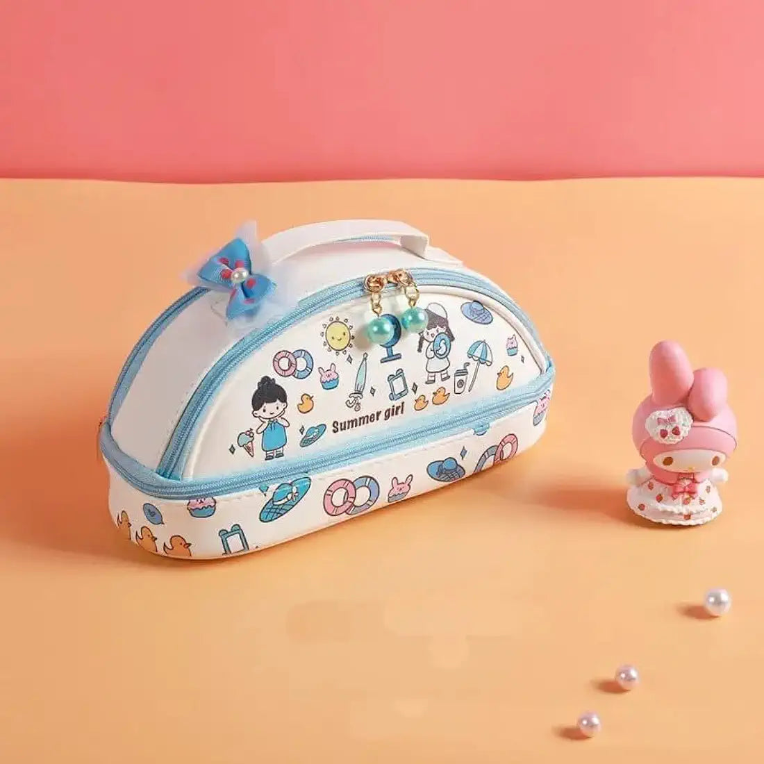 Cute Cartoon Girls Pencil Pouch for Kids – Semi-Circle Zipper Pencil Case with Handle, Floral Bow Design, Spacious Stationery Organizer for School, Travel & Gift for Girls