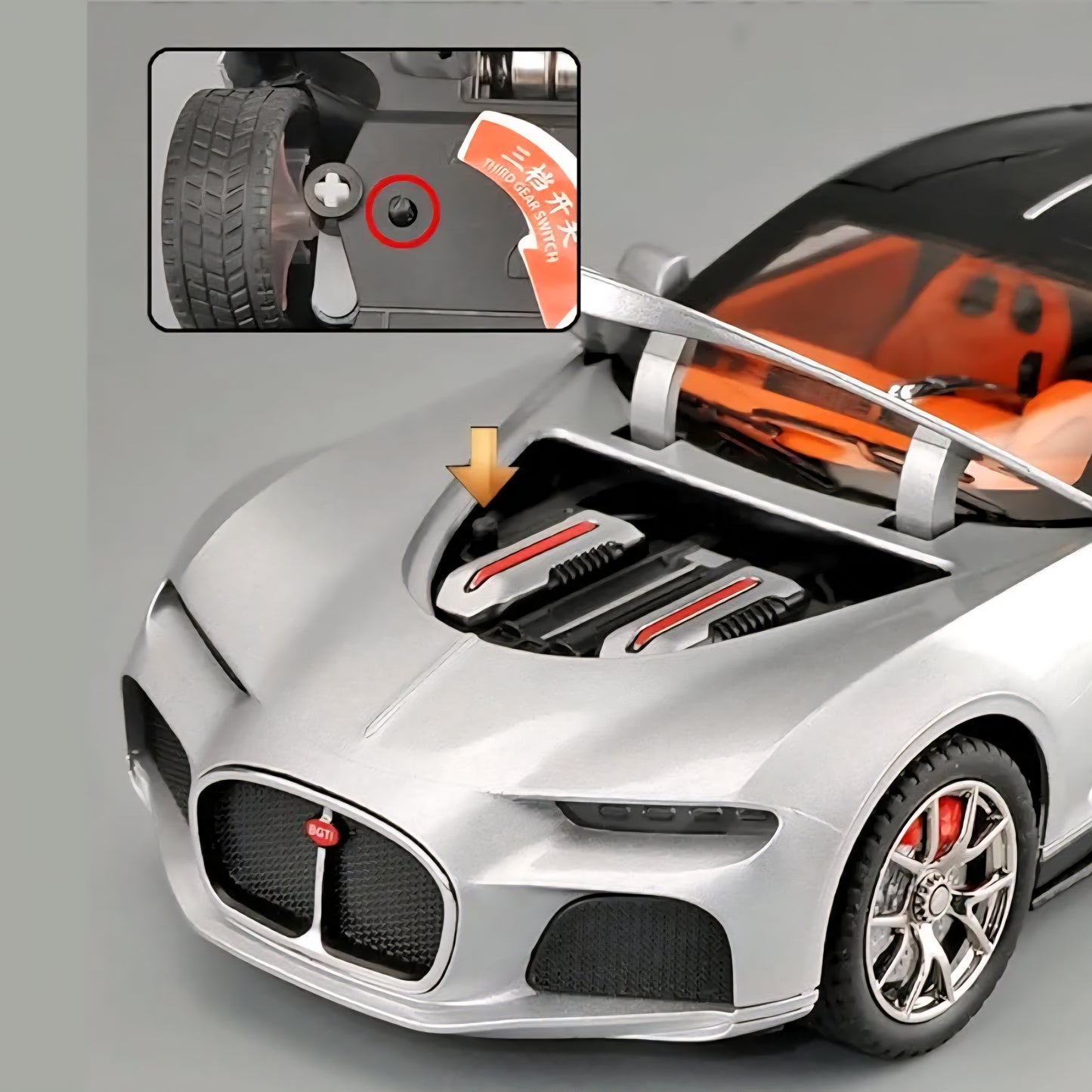 Bugatti Atlantic Diecast Model Car Alloy Metal Pull Back Die-Cast Car Pullback Toy with Openable Doors Light and Music Gift Toys for Kids - Silver/Black