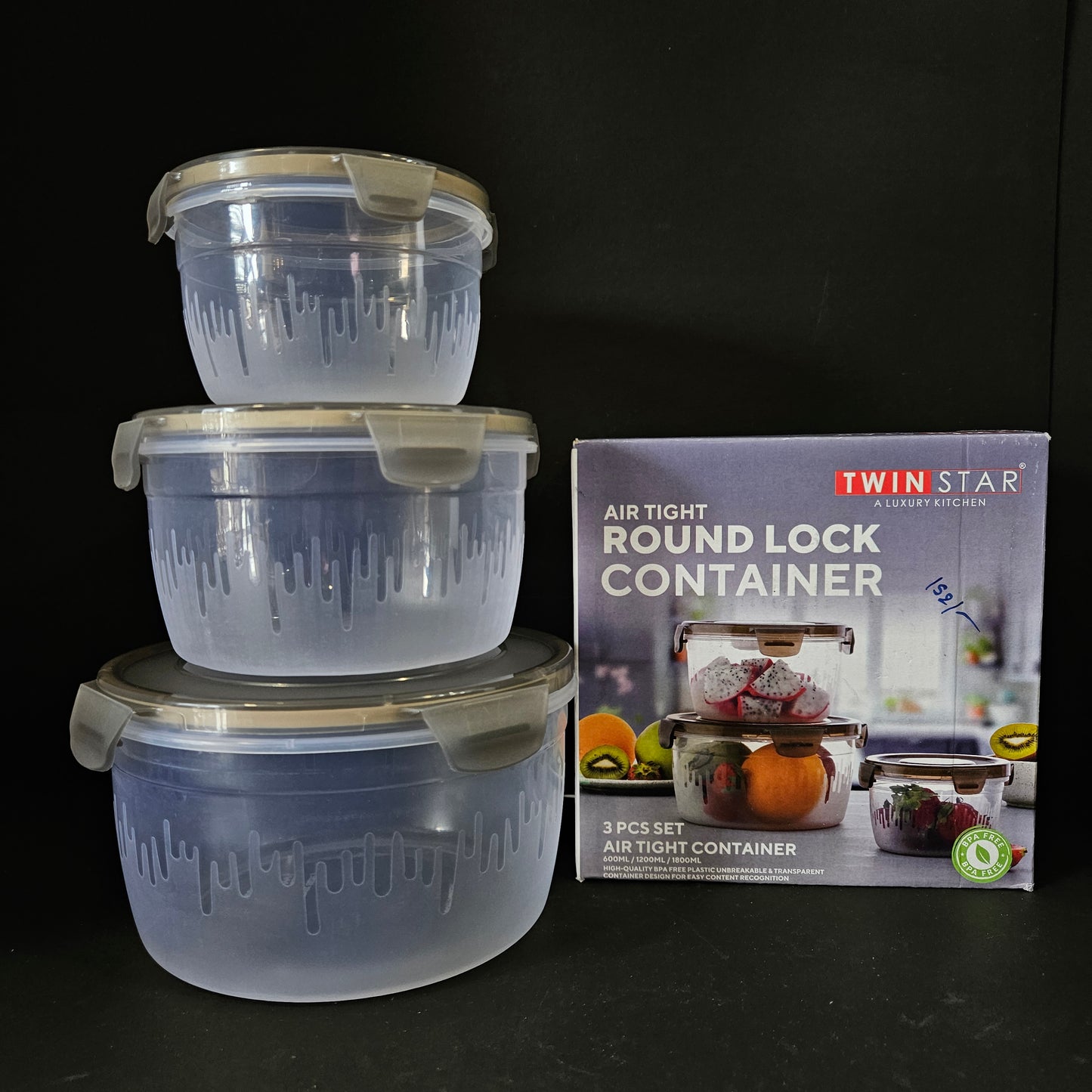 Twin Star a luxury kitchen airtight Round Lock transparent 3 piece set storage container with 600ml,1200ml&1800ml Capable Bpa free,unbreakable storage container