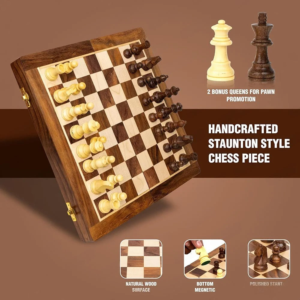 Wooden Handcrafted Foldable Magnetic Chess Board Set with Magnetic Pieces and Extra Queens for 2 Players Kids and Adults