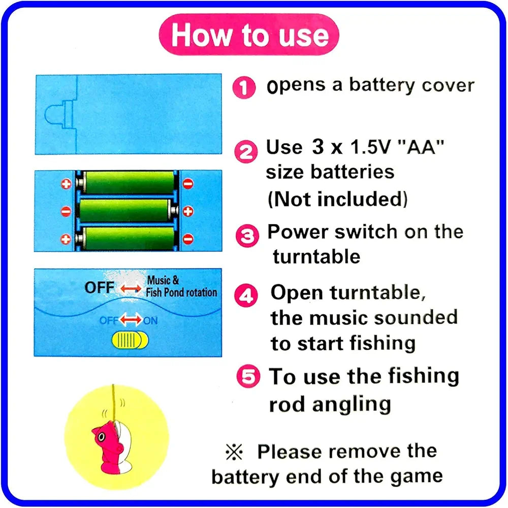 GoGo Fishing 2 layer fishing pond.16 big fishes, 10 small fishes and 4 rods.lights and music entertain kids and help in their sensory development
Cute fish catching game for all age group players .