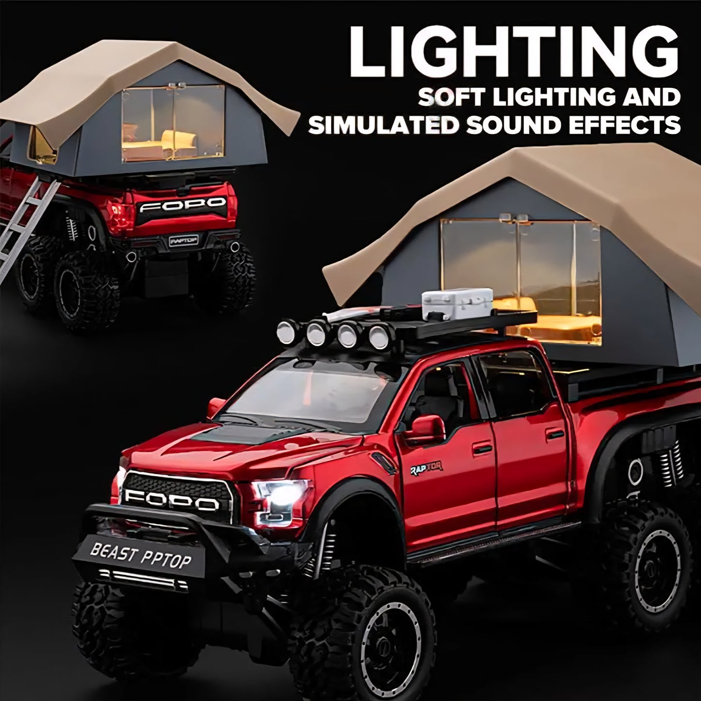 Ford Raptor F150 Camping RV Model Car with Box, Zinc Alloy Pull Back Toy car with Sound and Light for Kids Boy Gift