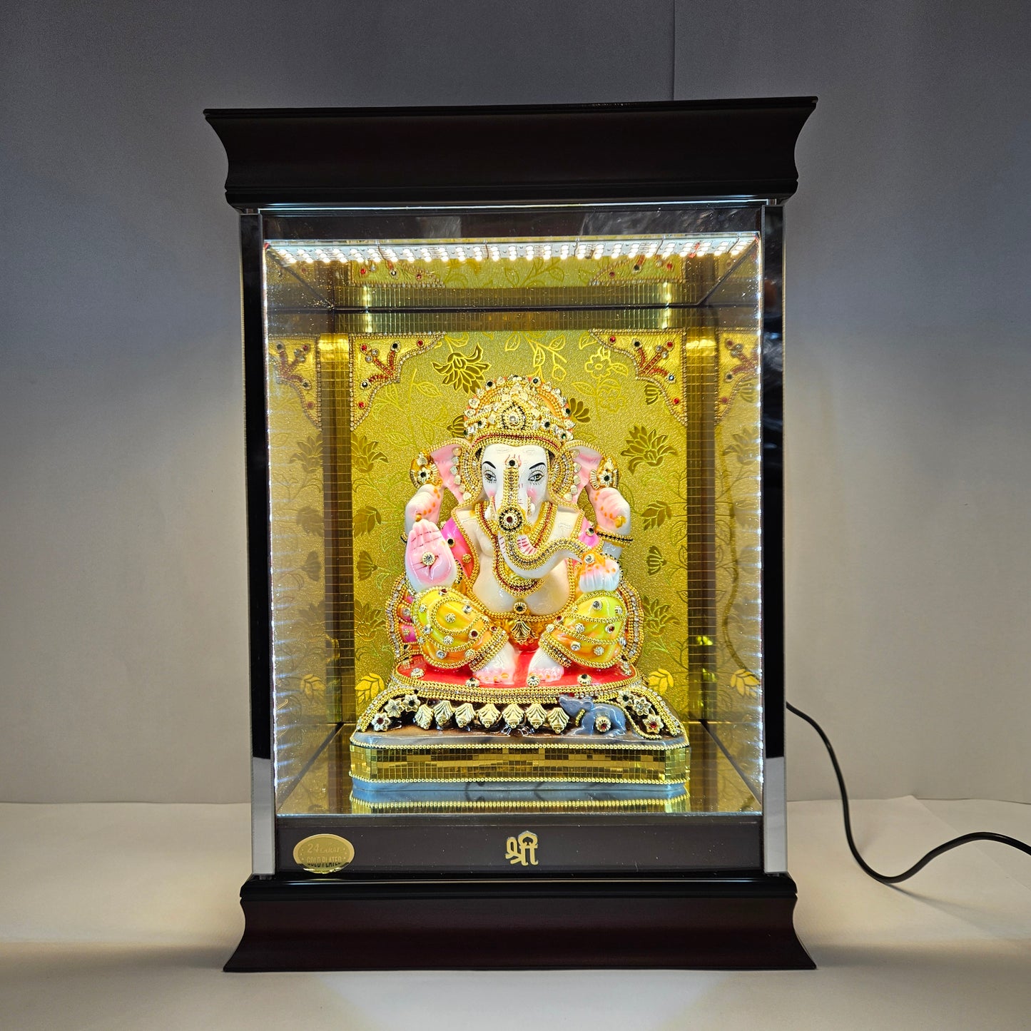 Imported 24carat Gold Plated Cabin Idol with stones Decorated Hand Made Sculpture of Ganesha with Lighting Full Decorate for Puja Room Or Home Decor
