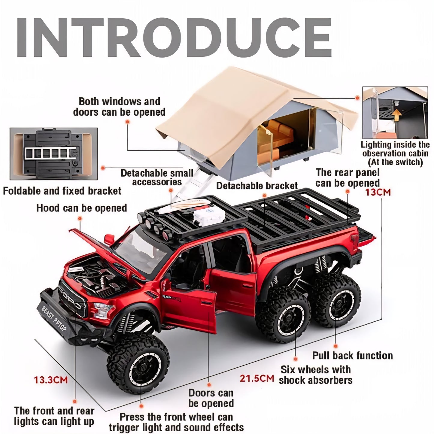 Ford Raptor F150 Camping RV Model Car with Box, Zinc Alloy Pull Back Toy car with Sound and Light for Kids Boy Gift