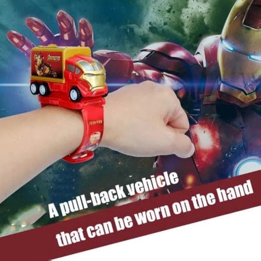 Super Action Figure Caption a Shield Hero of amrica| Truck Car Shaped Pull Back 6 Images Projector Toy Wrist Watceh for Kids| Different Images Projection with Detachable Moving Truck Toy Watch