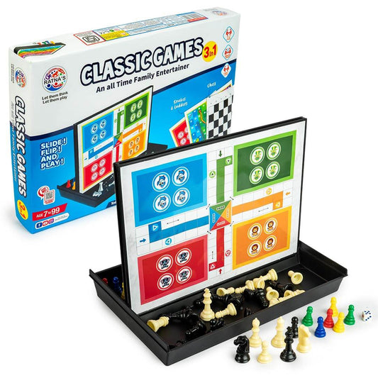 Ratna 3 in 1 Board Games Set - Classic Family Fun