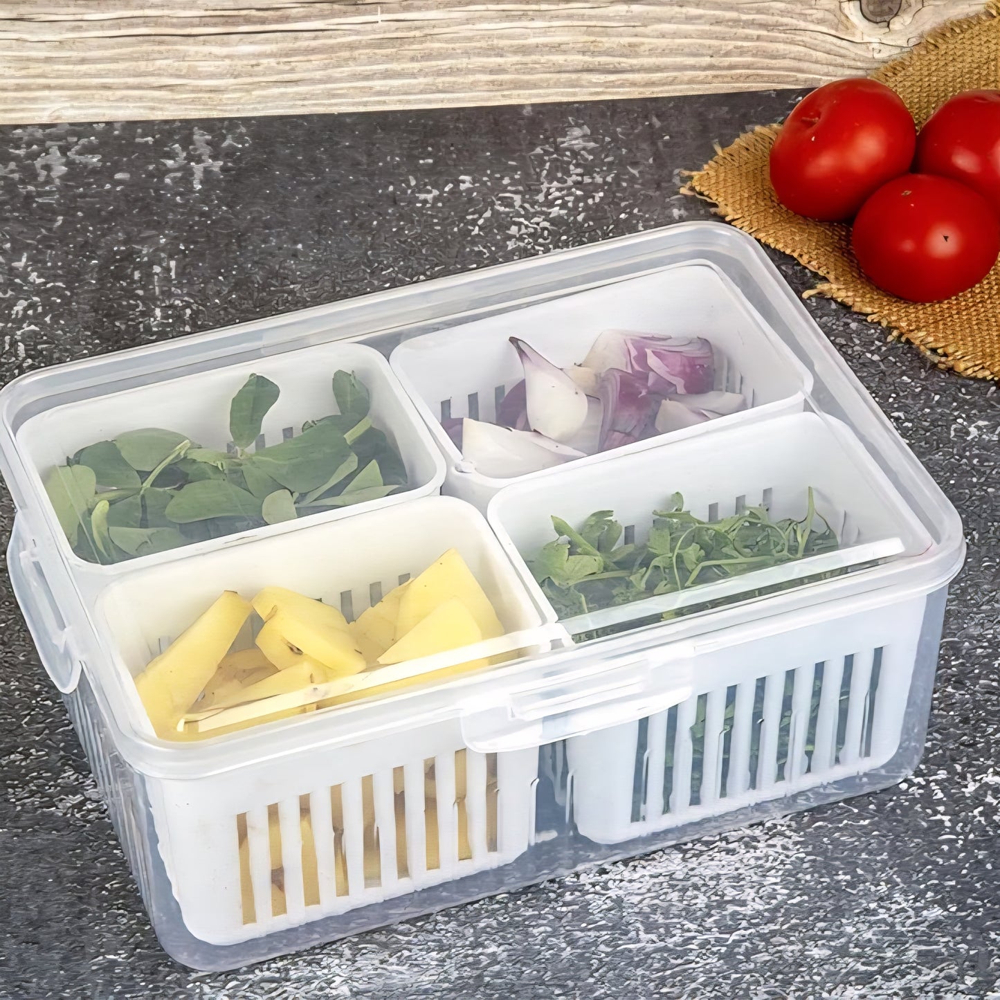 Divided Serving Tray with 4 Compartments Reusable Veggie Charcuterie Container Portion Control Salad Keeper Removable Boxes Stackable Refrigerator Organizer Fruit Nuts Food Storage Container