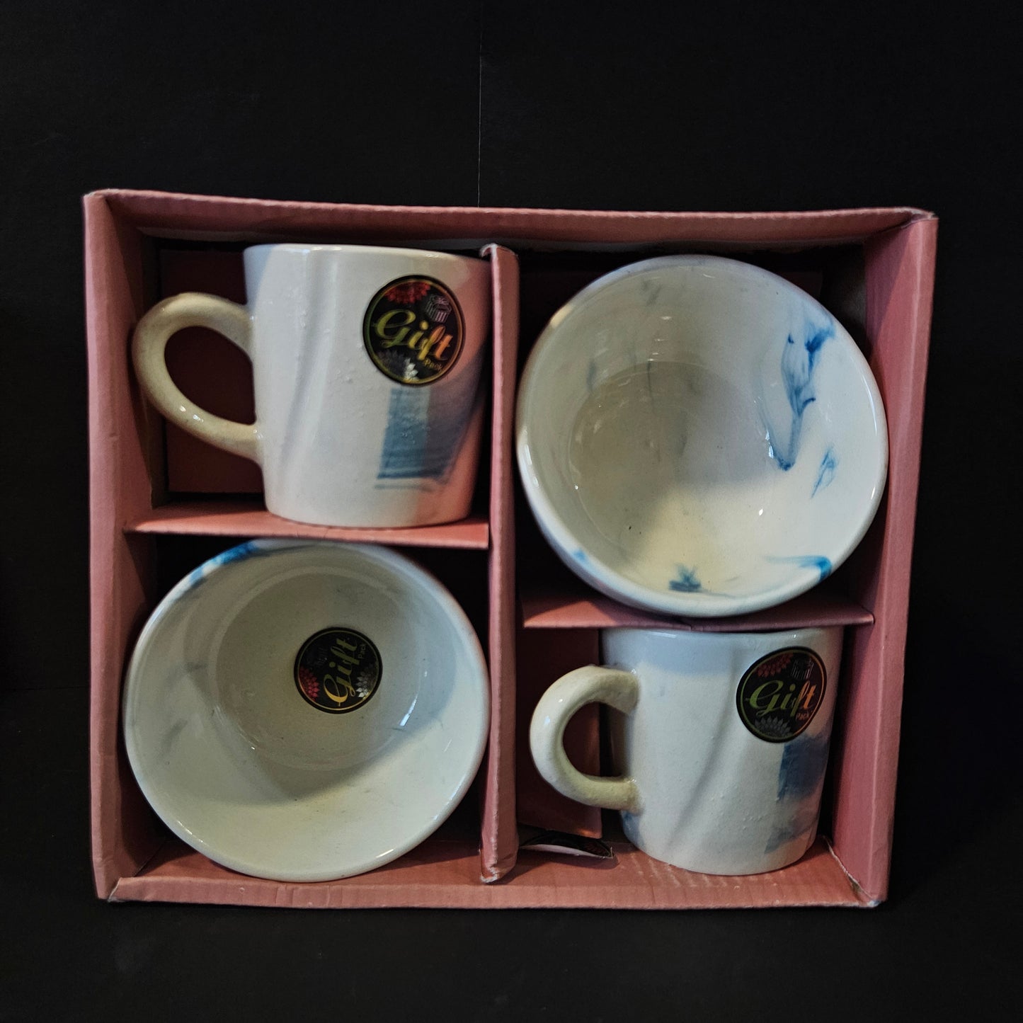 Kanch Taisor Ceramic 2 pieces cups & 2 pieces bowls with Marble look perfect for Return gifting