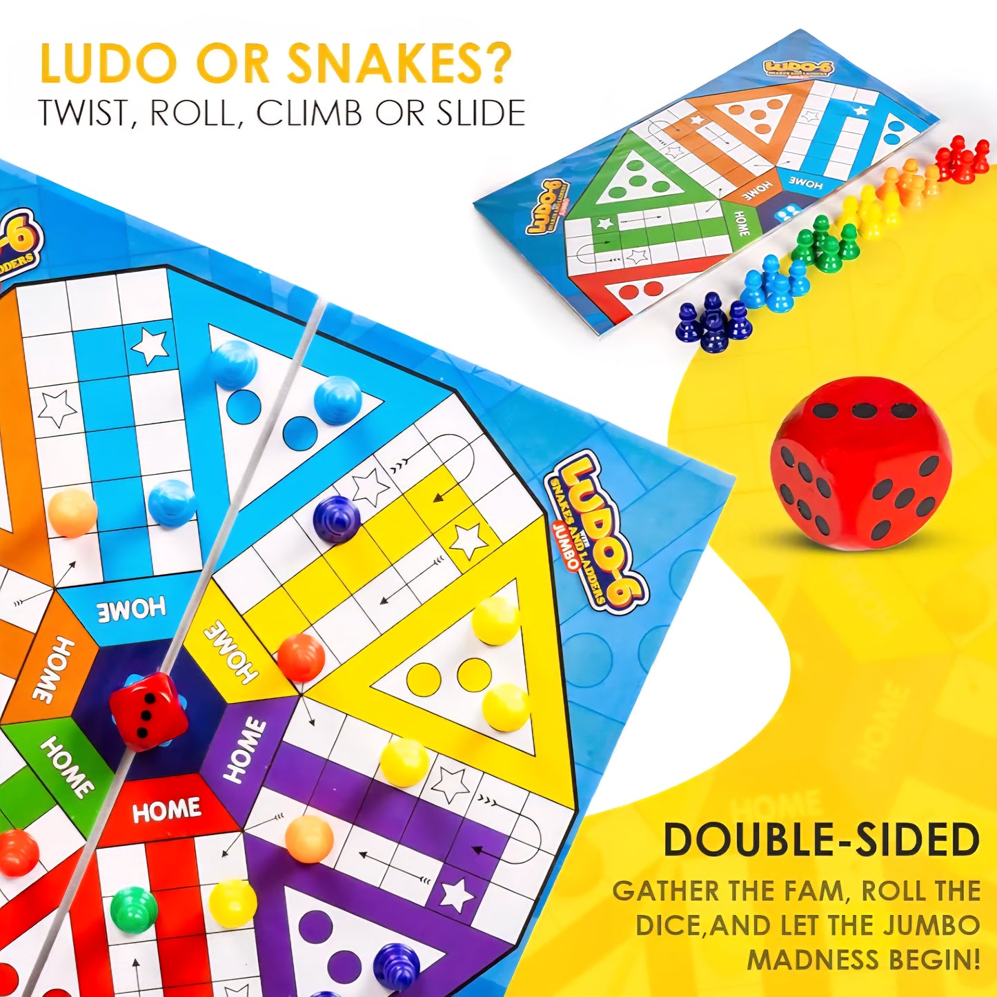 Ratna's Ludo-6 with Snakes & Ladders Jumbo Size Board Game, Double-Sided, Traditional Family Game