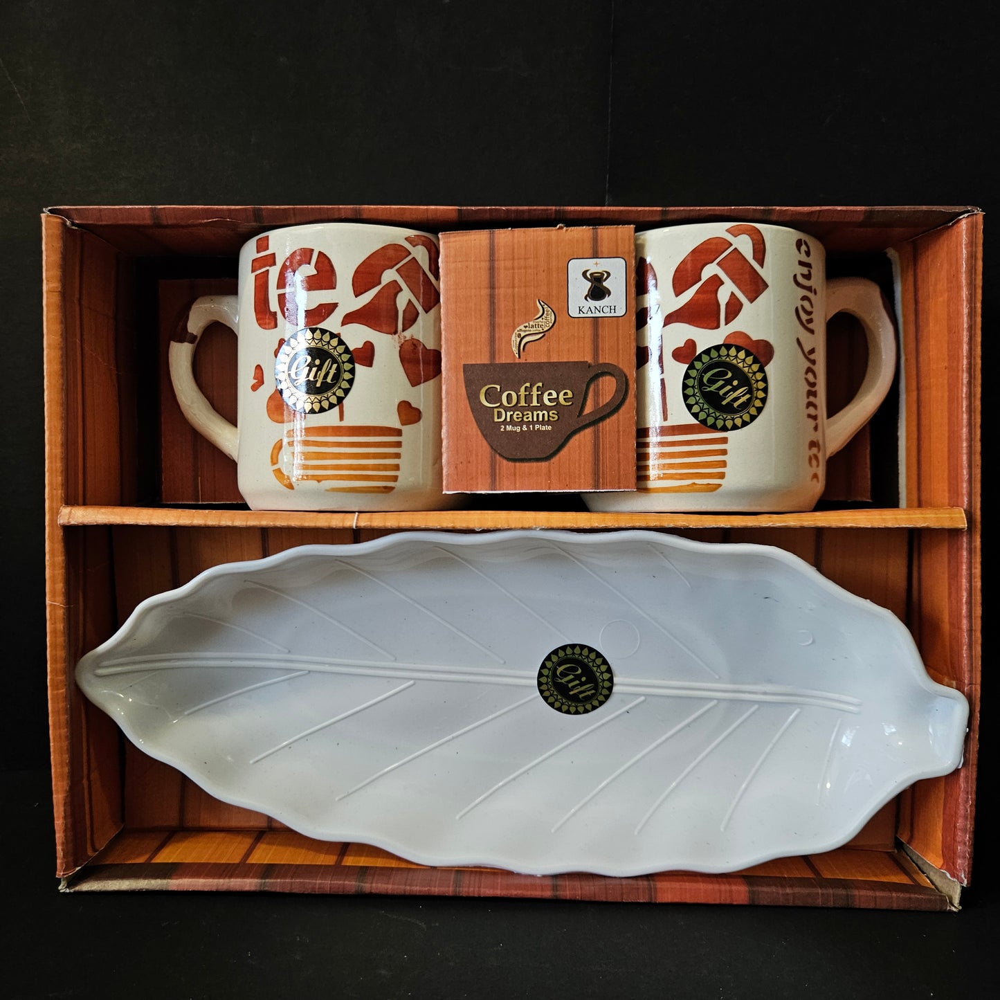 Kanch Coffee Dreams ceramic 2 pieces & 1 leafy designed platter