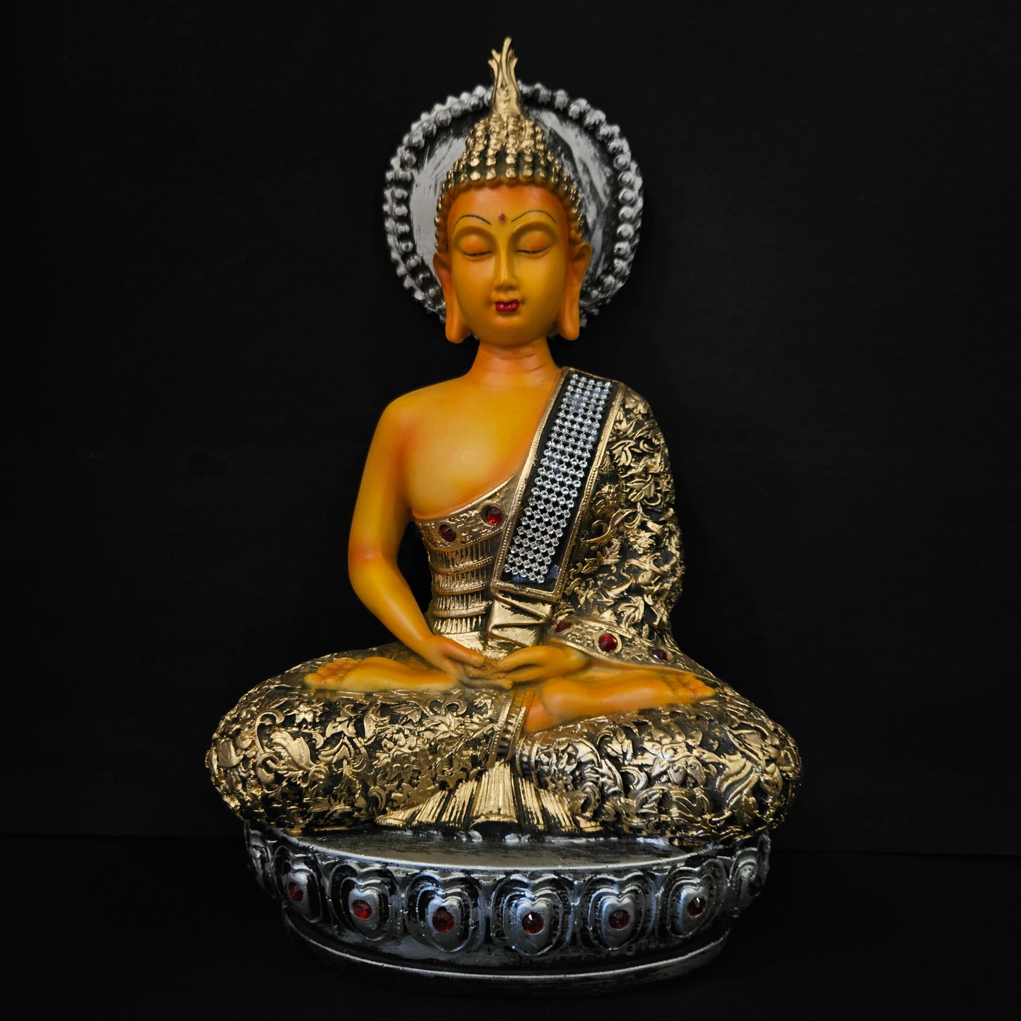 Buddha Statue for Home Decor Tabletop Decoration Item with attractive elegant look Decorated with stones on base Buddha gold idol