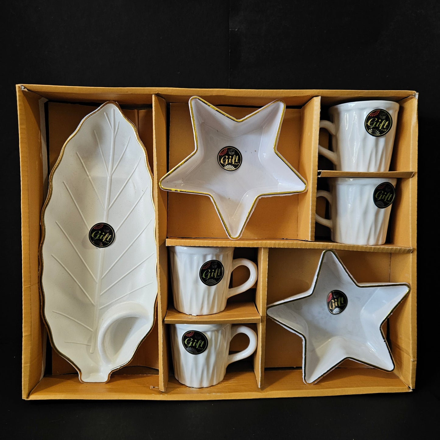 Kanch sweet sky 4 pieces Ceramic cups set 2 star Shaped snack bowls & 1 leaf Shaped snack platter with Sauce dip