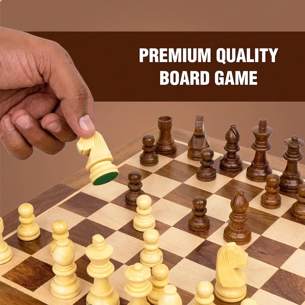 Wooden Handcrafted Foldable Magnetic Chess Board Set with Magnetic Pieces and Extra Queens for 2 Players Kids and Adults