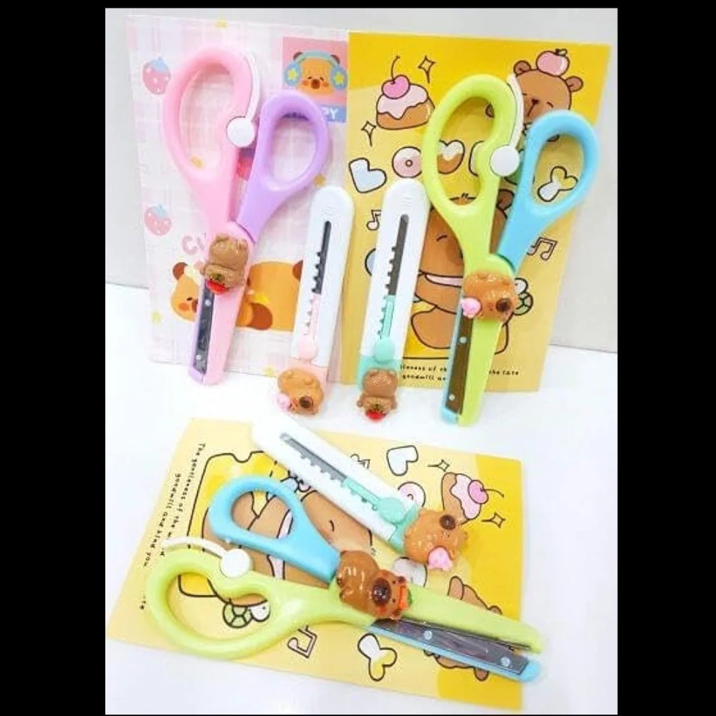 Cute Animal Character Safety Scissors with Cutter, Decorative Kids Stationery, Ideal for School(EACH-75/-)