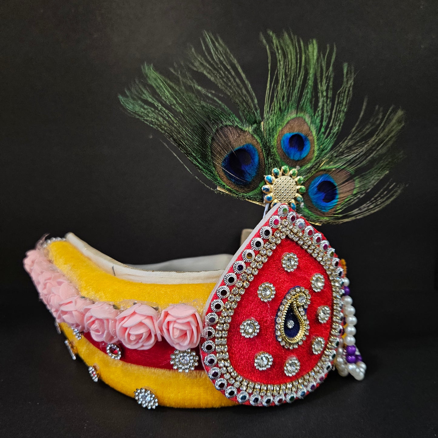 Lord krishna ji pagdi Decorated with stones & pearls decorative roses,peacock feather starp pagdi for Krishna ashtami
