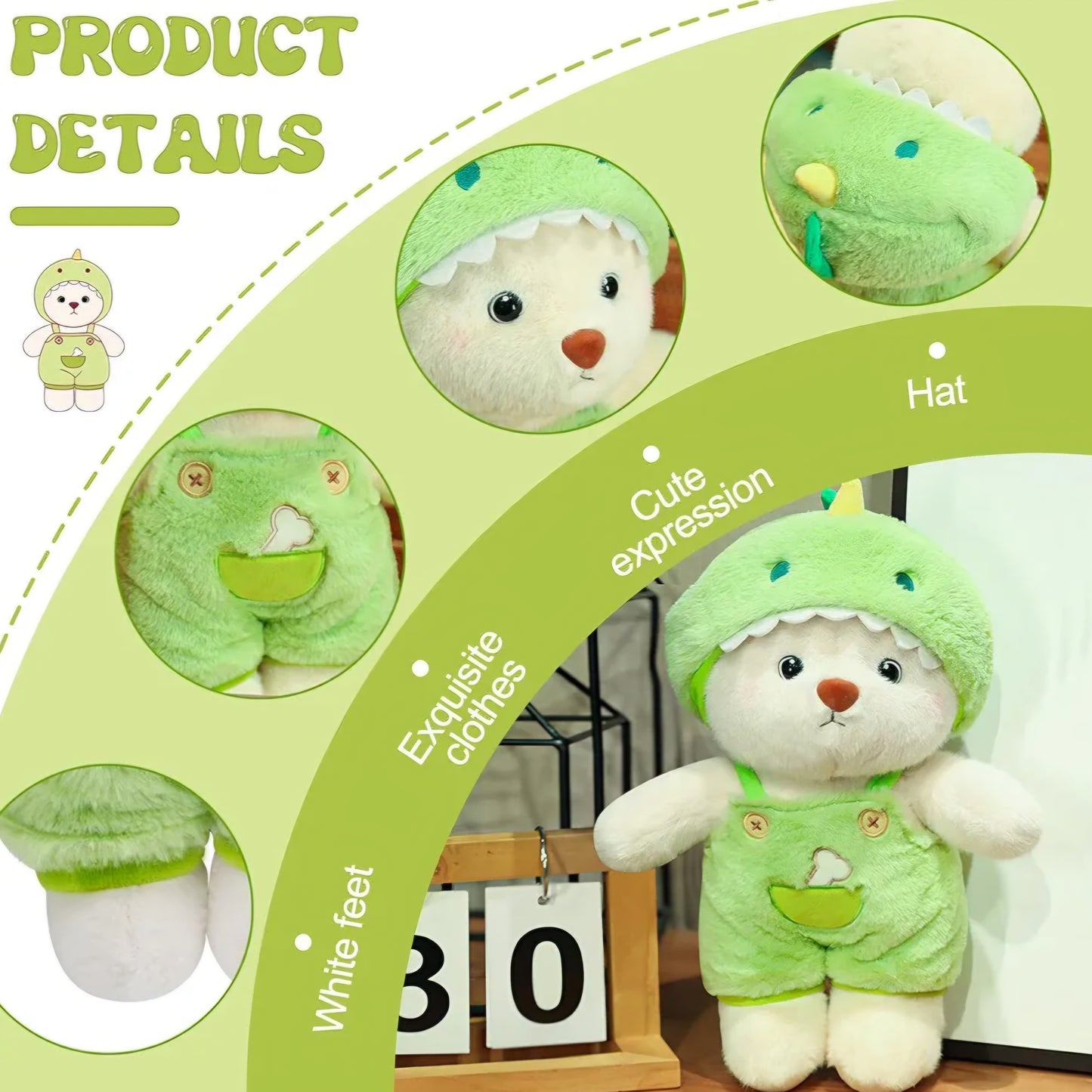 Teddy Bear Stuffed Animal, Small Cute Teddy Bear Plush Toys Transformable Plushies with Clothes Hat(Green Dinosaur