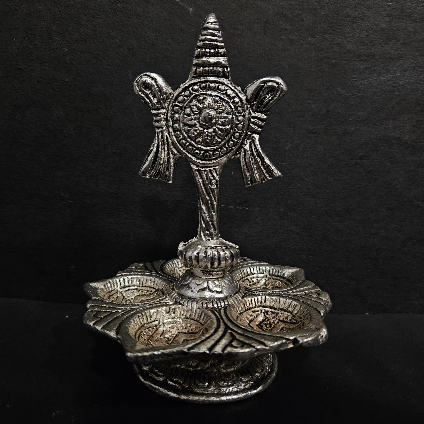 Tirupati Balaji Vilakku Panch Mukhi Silver colour Diya,Vinayaka diya,peacock diya,with Stand Decorative Showpiece