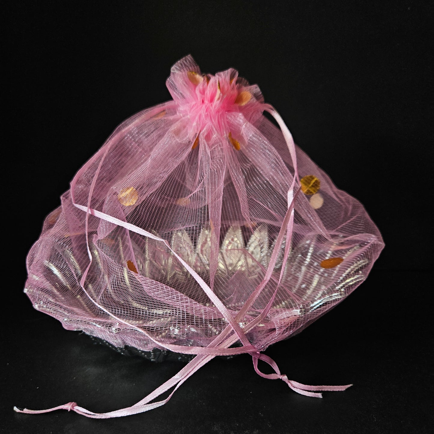Silver coloured flowral designer basket for chocolate gift hamper