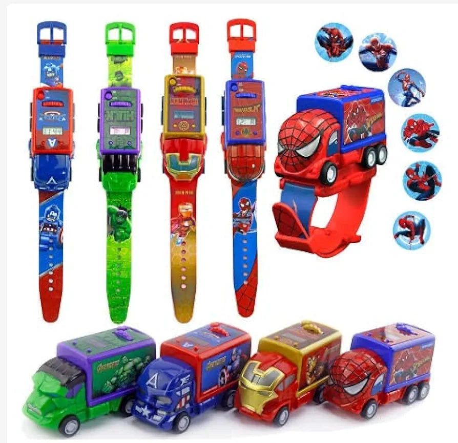 Super Action Figure Caption a Shield Hero of amrica| Truck Car Shaped Pull Back 6 Images Projector Toy Wrist Watceh for Kids| Different Images Projection with Detachable Moving Truck Toy Watch
