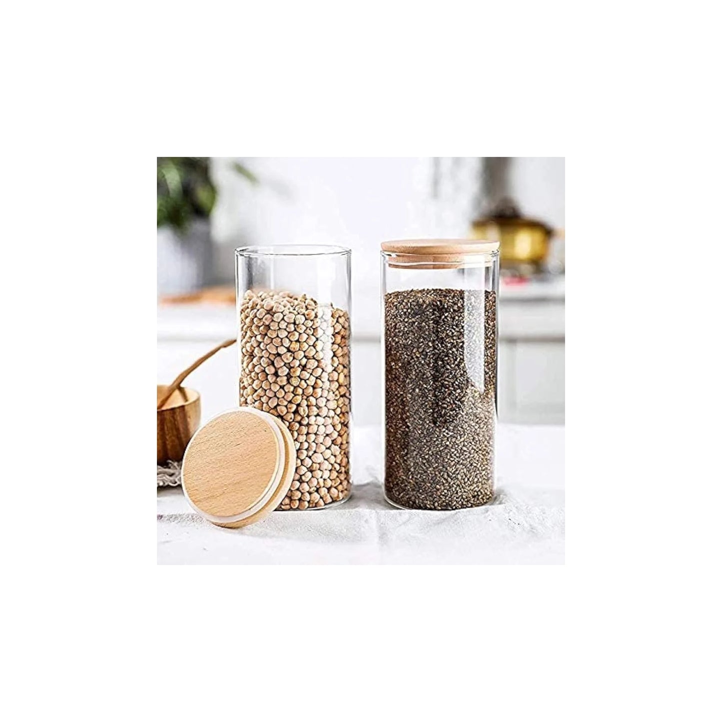 Airtight clear glass storage canister with wood lid food storage container jar with sealing bamboo lid for kitchen storage and multipurpose use