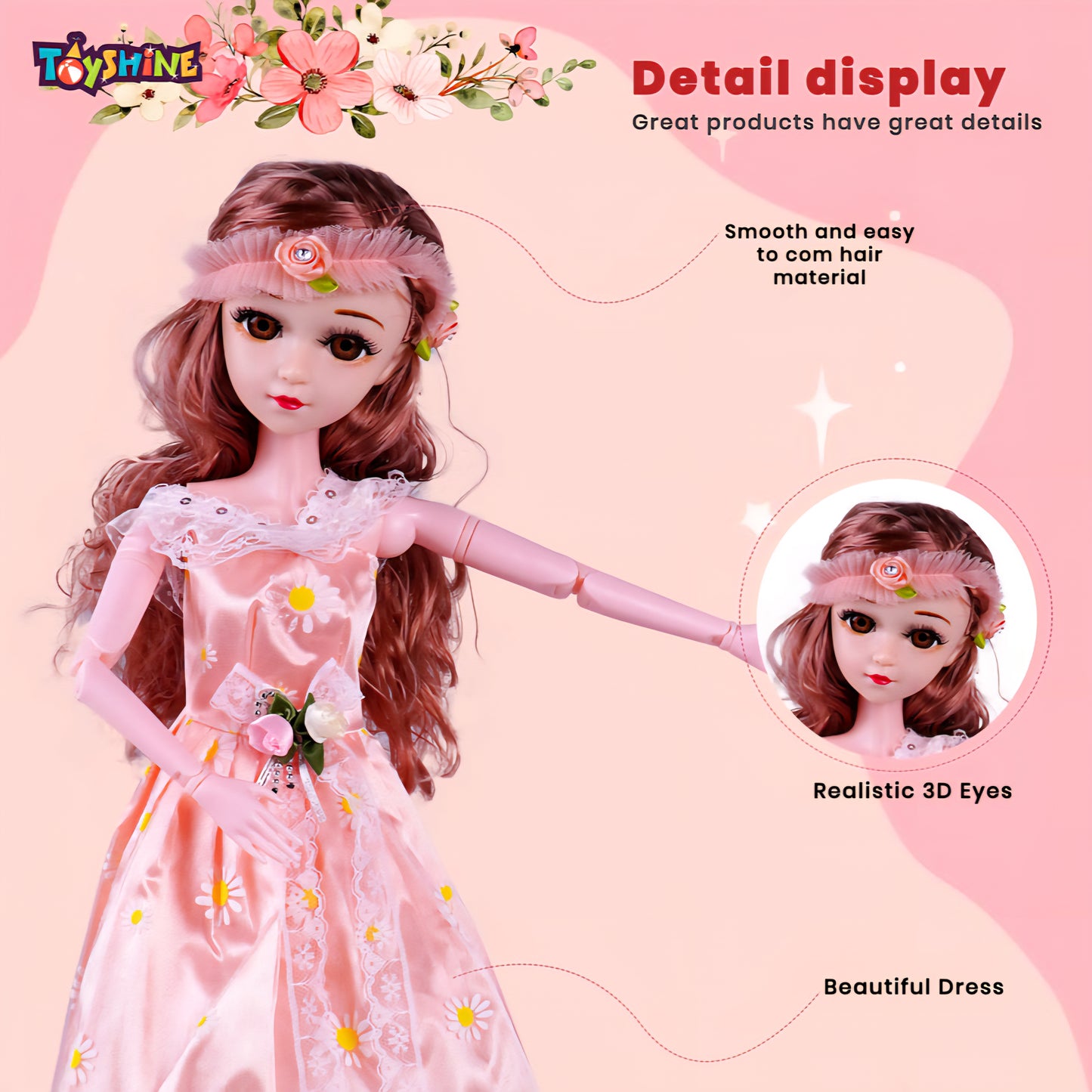 Stunning Look Anne Fashion Doll with 3D Eyes & Folding Hands Pretend Play Gift for Girls Kids Role Play Toy for Age 3+, Peach