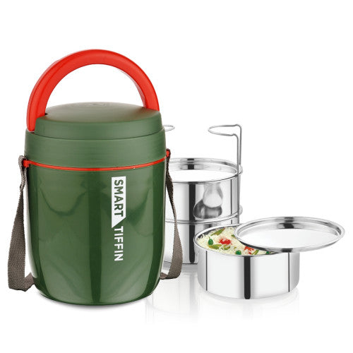 Asian smart 3 Tiffin carrier double wall Insulated Supplied with 3 family size Stainless Steel Containers with Stainless Steel lids