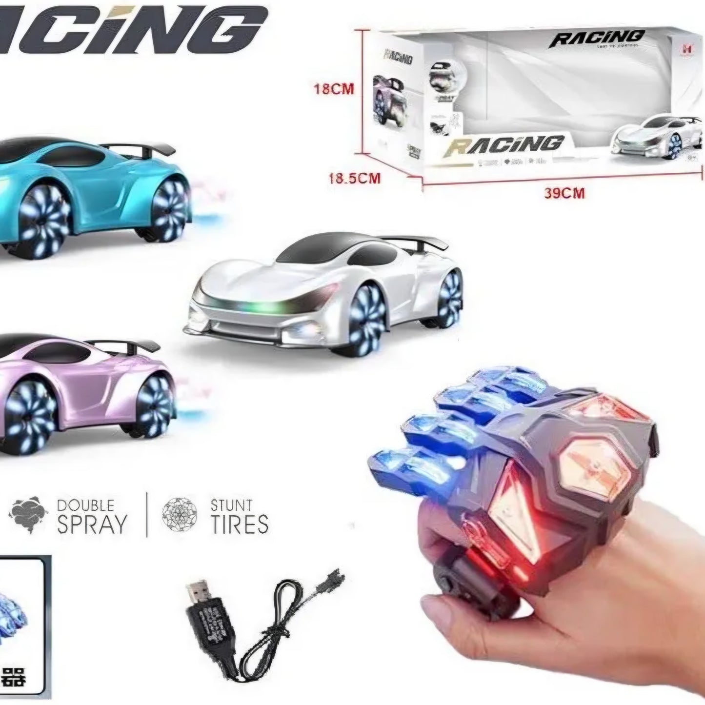 Gesture Sensing Remote Control Stunt Racing Car with Hand Glove Controller, Colorful Lights, Double Spray
