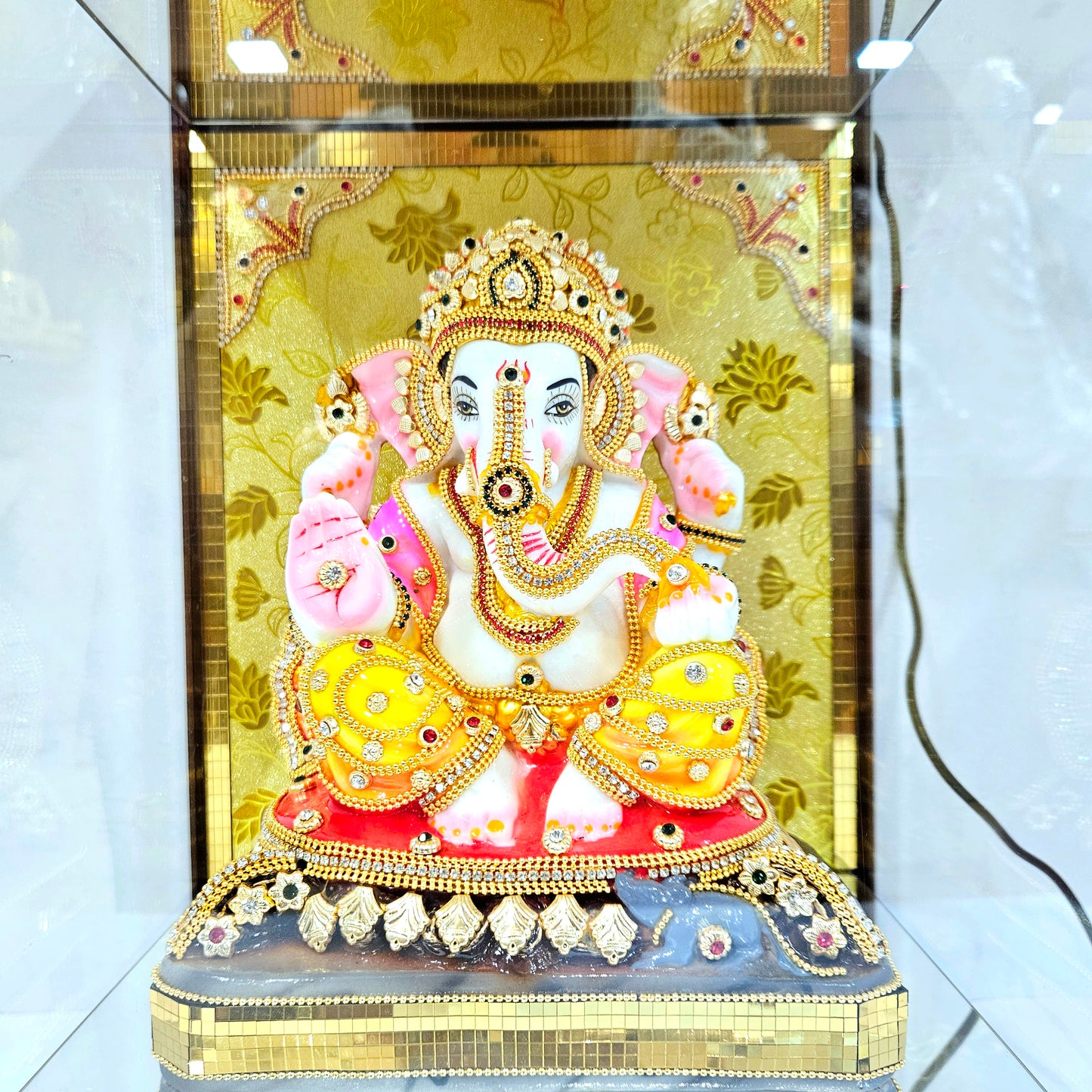 Imported 24carat Gold Plated Cabin Idol with stones Decorated Hand Made Sculpture of Ganesha with Lighting Full Decorate for Puja Room Or Home Decor