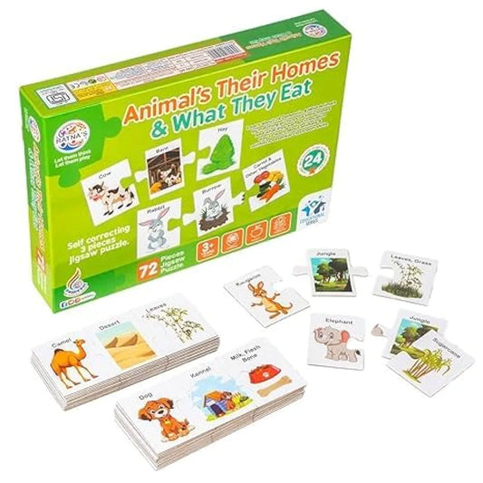 Animals Their Homes and What They Eat 72 Pcs Jigsaw Puzzle for Kids to Learn About 24 Different Animals Their Home & Their Food